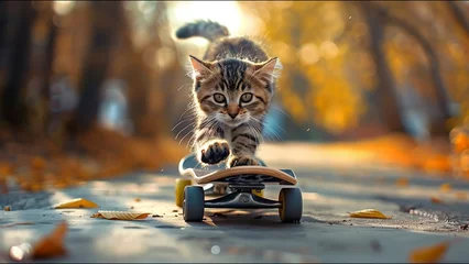 Gordijnen Cat Skateboarding Adorable Housecat Pet Action Sports Meme © Suite Green Media