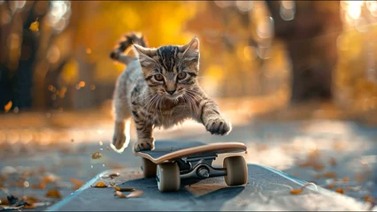Foto op Canvas Cat Skateboarding Adorable Housecat Pet Action Sports Meme © Suite Green Media