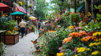 Fototapeta na wymiar A bustling city sidewalk brightened by a lush urban garden pathway with flowers and visiting butterflies