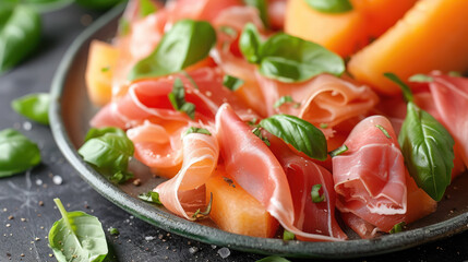 sliced melon and prosciutto, jamon, still life, Italian cuisine, food, restaurant, meal, meat, table, dish, serving, Spanish, southern, fresh, natural, tasty, delicacy