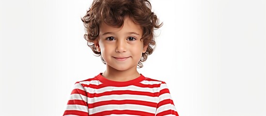 A pleased toddler with rosy cheeks and a big smile is standing in front of a white background, wearing a red and white striped shirt with rolledup sleeves