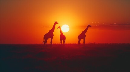 Family of giraffes silhouetted against the vibrant African sunset.
