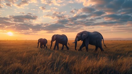 Family of elephants gracefully traversing a serene savannah at dawn. - obrazy, fototapety, plakaty