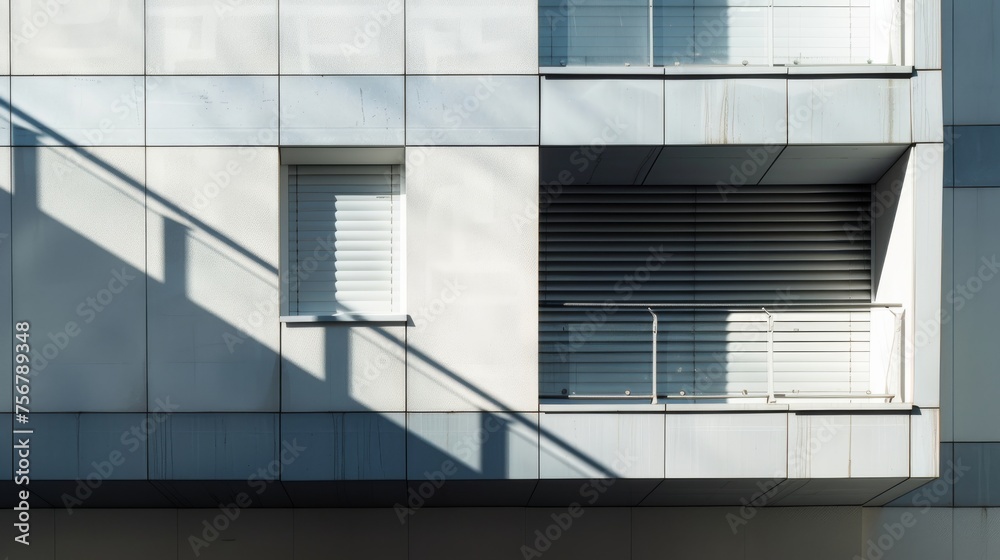 Aufkleber featuring sunlight casting diagonal shadows across a modern building's exterior with metallic shutte