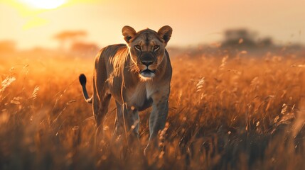 Majestic lioness hunting in the golden savannah at sunrise. - Powered by Adobe