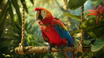 Majestic parrot perched on a colorful swing, surrounded by lush tropical foliage.