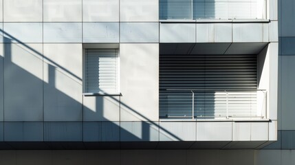 Featuring sunlight casting diagonal shadows across a modern building's exterior with metallic shutters and clean lines