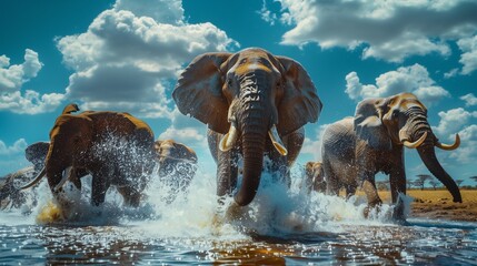 Playful group of elephants splashing joyfully in a waterhole. - obrazy, fototapety, plakaty