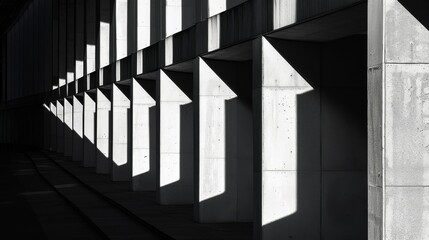 An architectural photograph capturing a series of triangular shadows along a corridor with a repeating pattern of columns