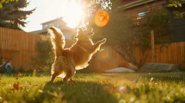 Playful Golden Retriever Catching A Frisbee In Mid-air In A Sunlit Backyard.