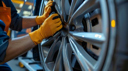 Fototapeta na wymiar Close-up of a mechanic's hands adjusting a wheel, highlighting the importance of thorough car maintenance