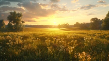 The summer meadow bathed in golden evening hues, creating a serene and natural landscape.