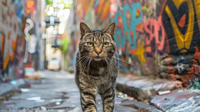 A confident tabby cat commands attention in a graffiti-laden alley, symbolizing urban survival and adaptability