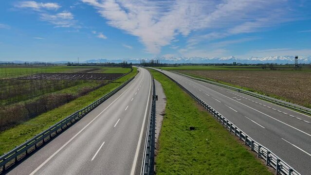 The Italian highway crosses the Po Valley countryside between Turin and Cuneo, A6 highway