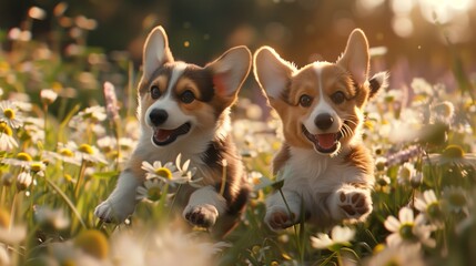 Two playful corgi puppies chasing each other around a blooming garden filled with daisies.