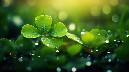Macro view of green four-leaf clover with morning dew with blurred background, St. Patricks Day luck. - obrazy, fototapety, plakaty