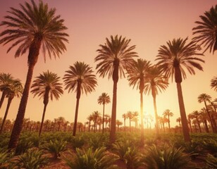 A 3D render of a date palm grove at sunset. The sun is low and the sky is filled with warm hues, providing a beautiful backdrop for text.
