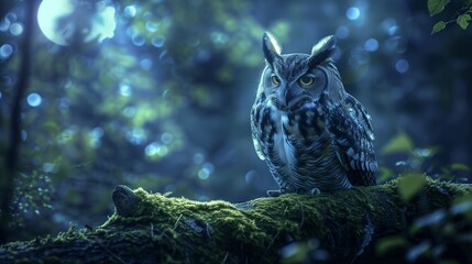 Wise owl perched on a moss-covered branch in a moonlit forest. - obrazy, fototapety, plakaty