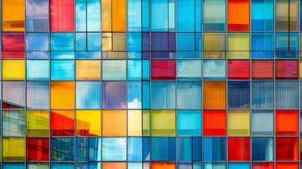 This close-up shot emphasizes the striking color array and glass reflection of a modern building's façade