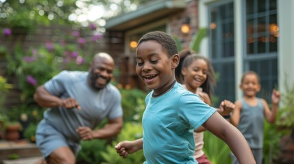Happy family having a fun race and laughing together in a sunny backyard setting