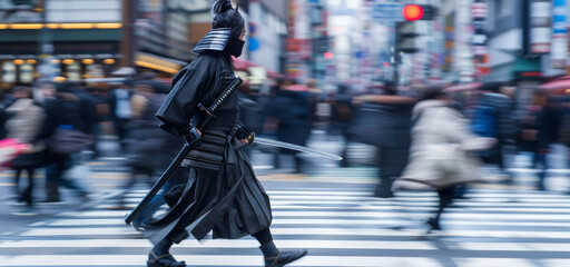 An action shot of a samurai warrior crossing a busy Tokyo street with motion blur