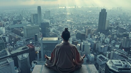 Fototapeta na wymiar A serene scene of a samurai meditating with a sprawling urban landscape beneath them