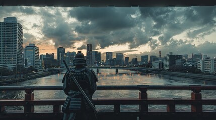 A proud Samurai in traditional armor stands contemplating the Tokyo cityscape at dusk, symbolizing ancient traditions amid modernity
