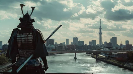 Fotobehang A Samurai warrior silhouette with Tokyo city skyline in the background, a homage to cultural heritage juxtaposed with modern society © ChaoticMind