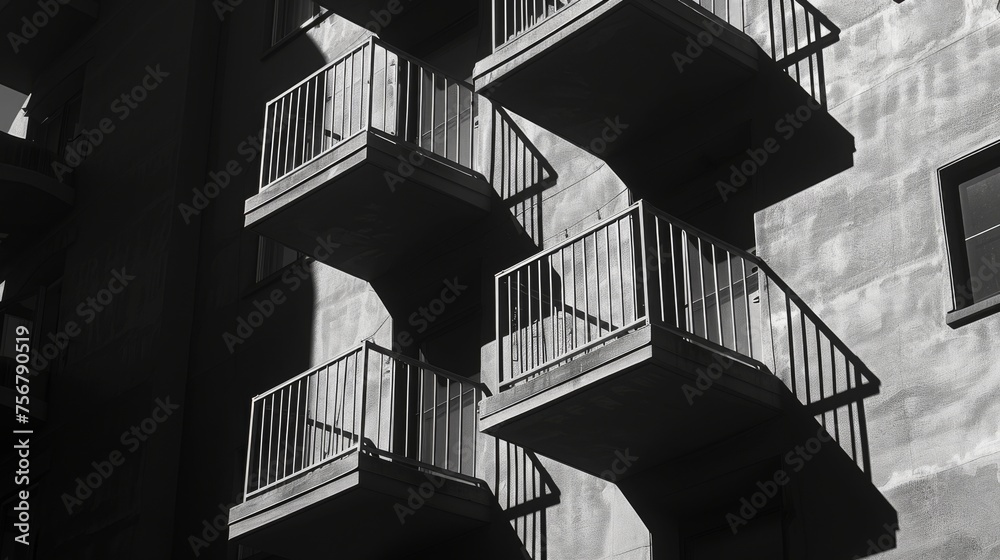 Fototapete a stark contrast of shadows and light on the balconies of an apartment complex, showing pattern and 
