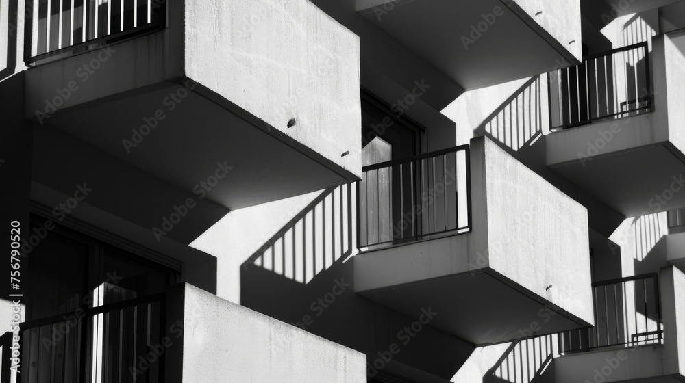 Poster sun casting sharp shadows on the balconies of a contemporary apartment building, highlighting urban 