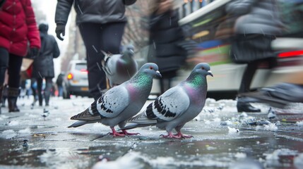 Two pigeons roam on a littered street among walking people, showcasing urban wildlife and...
