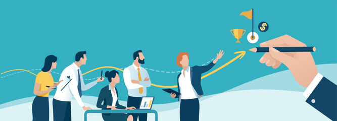 Path to the goal. Businessman‘s hand draws a line leading to the goal. The team discusses the target. Business vector concept illustration