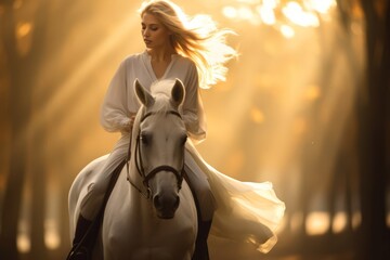 A blonde woman rider on a white horse at sunset at a garden