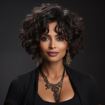 Studio portrait of an elegant mature black woman gazing at the camera against a gray background, flaunting a chic bob hairstyle