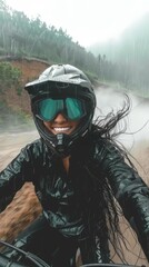 woman with long black dark hair is riding on amotorbike in the mountains. 