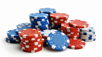 a pile of red and blue poker chips on a white background