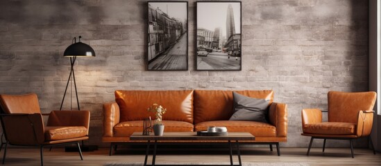 Fototapeta premium A cozy living room with a brown leather couch, chairs, and a coffee table. The room features wood flooring, large windows, and warm lighting