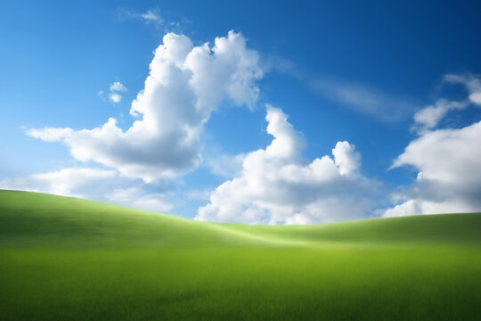 A beautiful summer landscape as a background, with green grass on the hills and green fields. The blue sky is filled with white clouds and bright sunlight, beautiful nature
