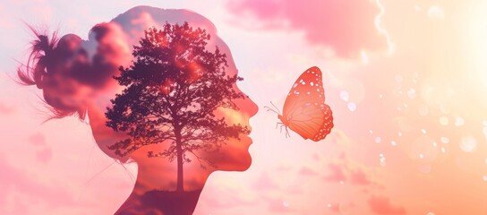 silhouette of a beautiful woman's face looking at the sky with clouds and a pink gradient background a double exposure concept for mental health Generative AI