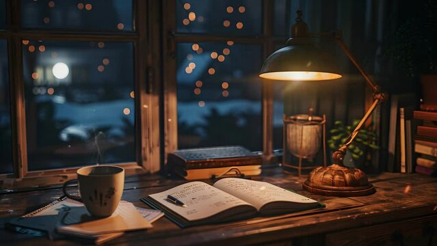 Cozy study table atmosphere illuminated by a lamp with a steaming glass of coffee. Seamless Looping 4k Video Animation
