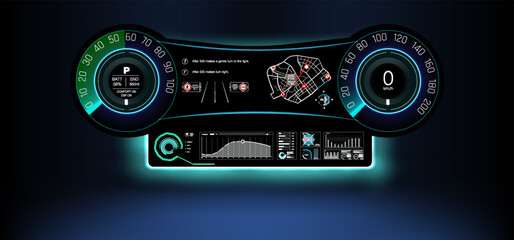 Futuristic Digital Car Dashboard Display with Vibrant Colors and Detailed Information Readouts, Ideal for Modern Vehicle Interior Design Concepts
