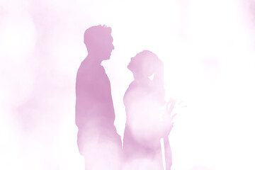 Silhouette of couple love standing and look at eye with together and meaning by will you marry me. Beautiful purple background and scene of couple love with bokeh.
