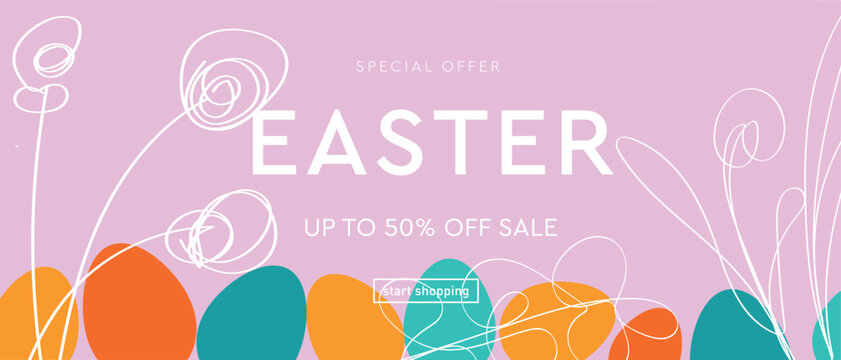 Creative Easter Retro Design for Advertising, Web, Social Media, Poster, Banner, Cover. Modern Vector Illustration with Color Eggs. Sale Offer 50%. Geometric 3d Background Art 90s.