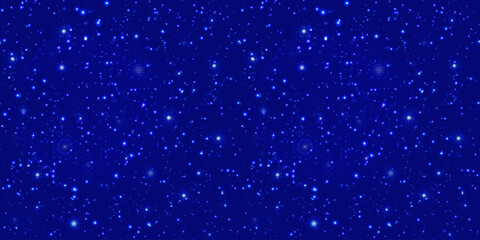 Universe starlight vector illustration. Night starry sky seamless pattern Dark winter template background. Stars and snowflakes repeat wallpaper for fairy, cosmic space design