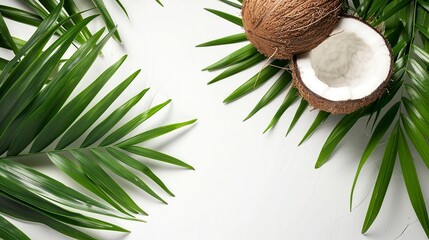 Fototapeta na wymiar Coconut Palm Leaves on a White Background. Tropical Botanical Concept.