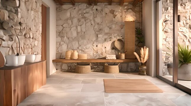 Coastal Interior Design of Modern Entrance Hall with Stone Tiles Wall and Wooden Rustic Elements