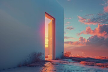 A visual representation of an open doorway with pathways leading from all directions, symbolizing equal access for all against a clear background.