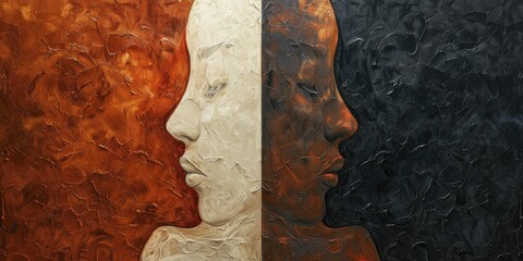 An abstract design shows a canvas with equal halves of dark and light, representing women's rights progress on a balanced backdrop.