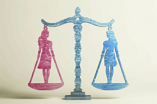 A balanced scale with symbols denoting men and women on each side signifies gender equality against a clear backdrop.