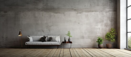 Gritty cement wall with wood plank flooring